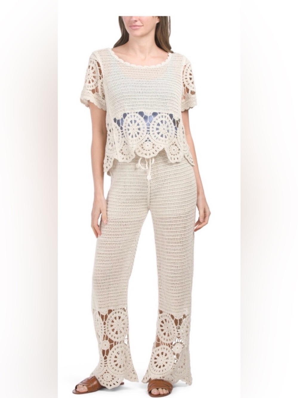 Solitaire Anthropology Handmade Crochet Wide-Leg Drawstring Set  in Cream